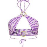 Lilac and purple Sunset Safari print halter neck Nisa bikini top by Aventura Swimwear.