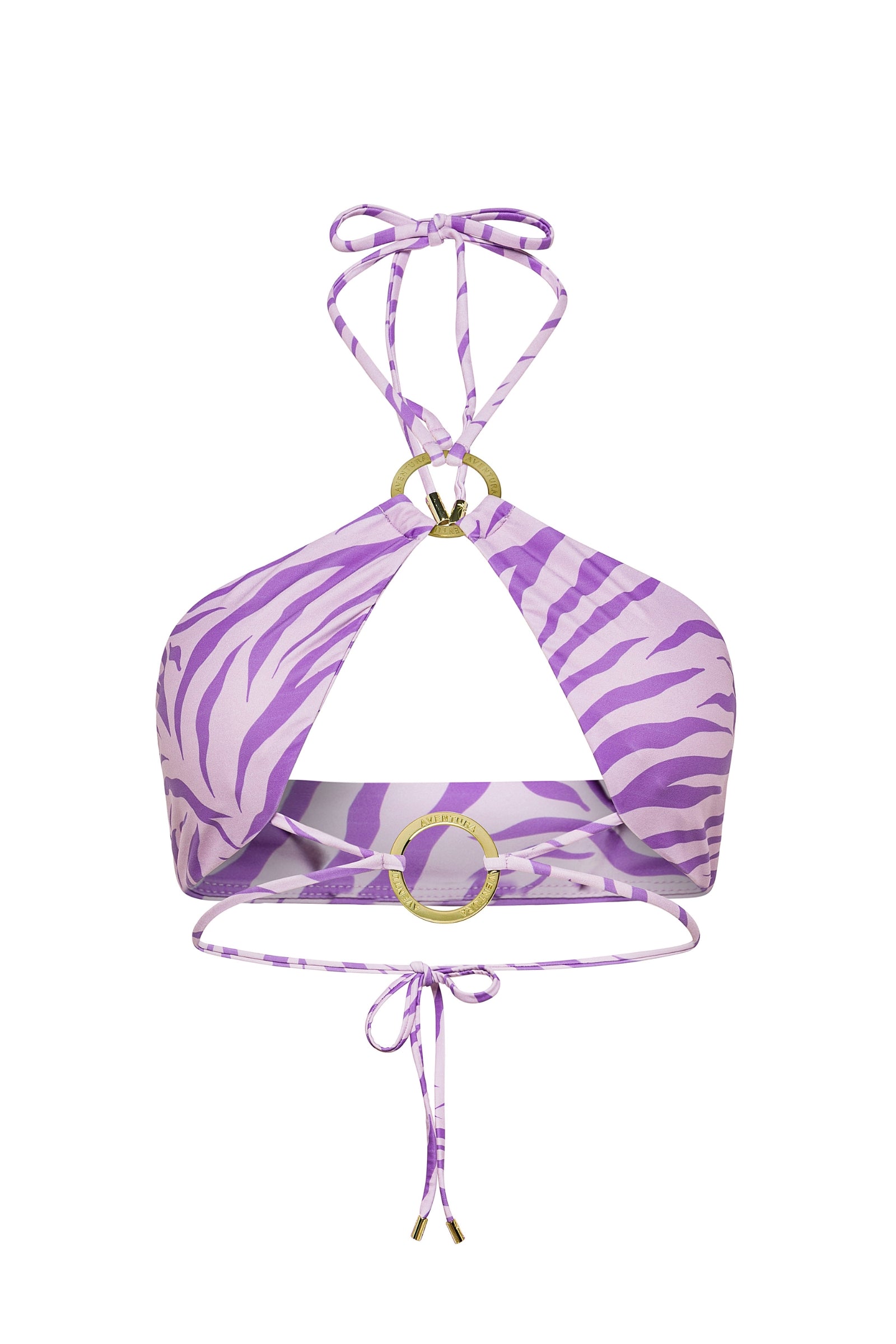 Lilac and purple Sunset Safari print halter neck Nisa bikini top by Aventura Swimwear.