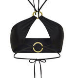 Obsidian black halter neck Nisa bikini top by Aventura Swimwear.
