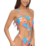 Front view of model wearing Amalfi Bloom print asymmetrical one shoulder Petra onepiece swimsuit by Aventura Swimwear.