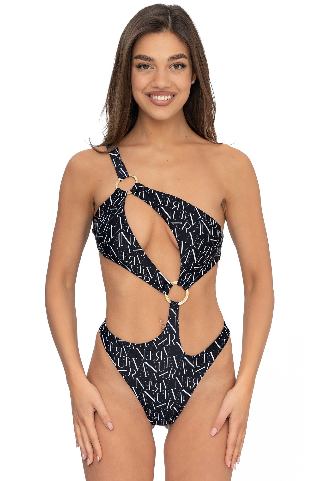Front view of model wearing black signature print asymmetrical one shoulder Petra onepiece swimsuit by Aventura Swimwear.