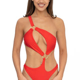 Front view of model wearing scarlet red asymmetrical one shoulder Petra onepiece swimsuit by Aventura Swimwear.
