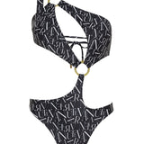 Black signature print asymmetrical one shoulder Petra onepiece swimsuit by Aventura Swimwear.