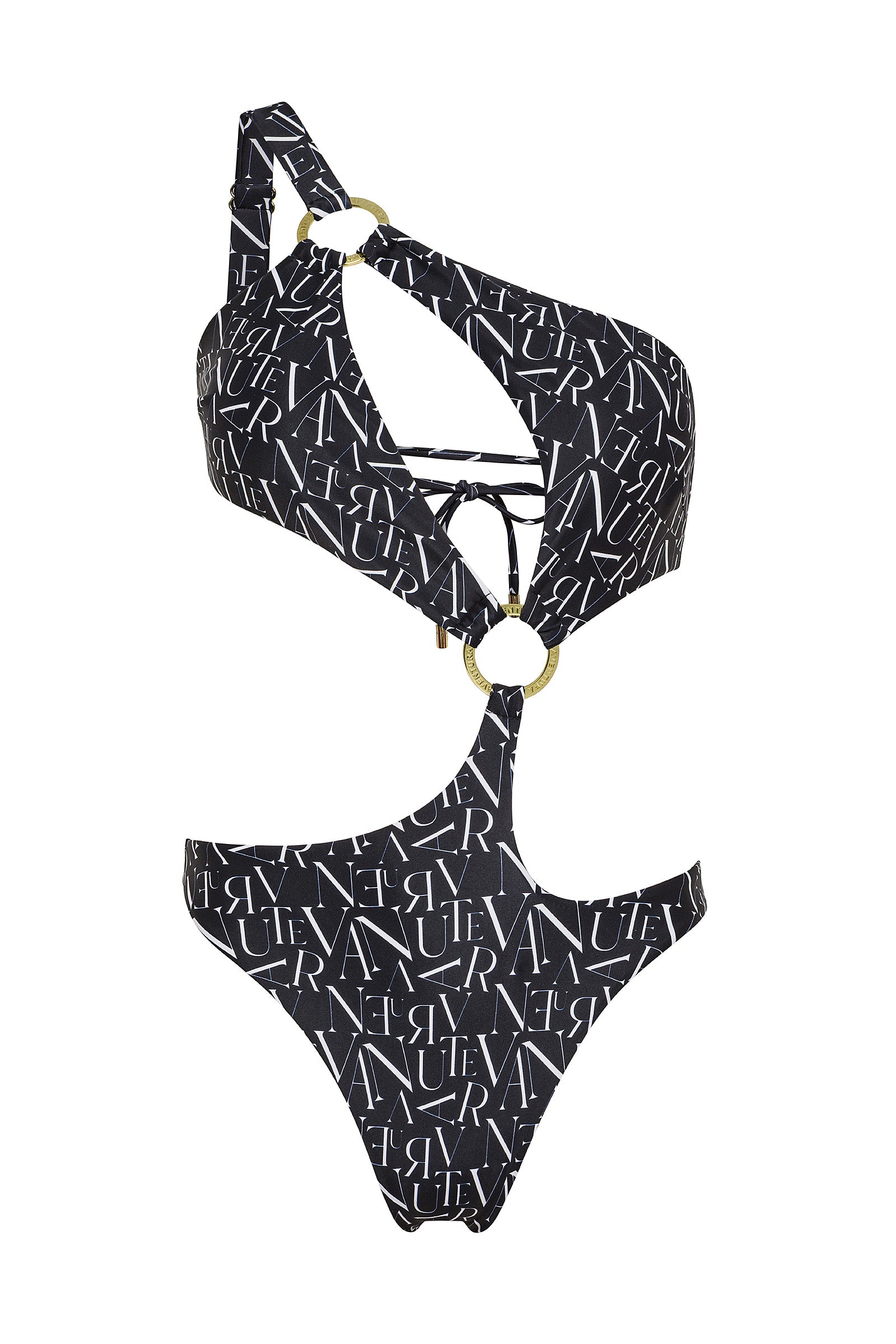 Black signature print asymmetrical one shoulder Petra onepiece swimsuit by Aventura Swimwear.