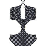 Black monogram print halter neck high leg cut Sophia one piece swimsuit by Aventura Swimwear.