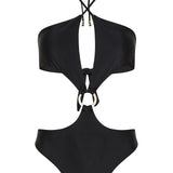 Black halter neck high leg cut Sophia one piece swimsuit by Aventura Swimwear.