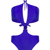 Ocean blue halter neck high leg cut Sophia one piece swimsuit by Aventura Swimwear.