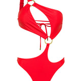 Scarlet red asymmetrical one shoulder Petra onepiece swimsuit by Aventura Swimwear.