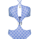 Blue monogram print halter neck high leg cut Sophia one piece swimsuit by Aventura Swimwear.