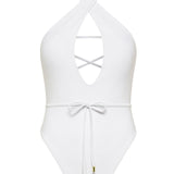 White halter neck Selena onepiece swimsuit by Aventura Swimwear.
