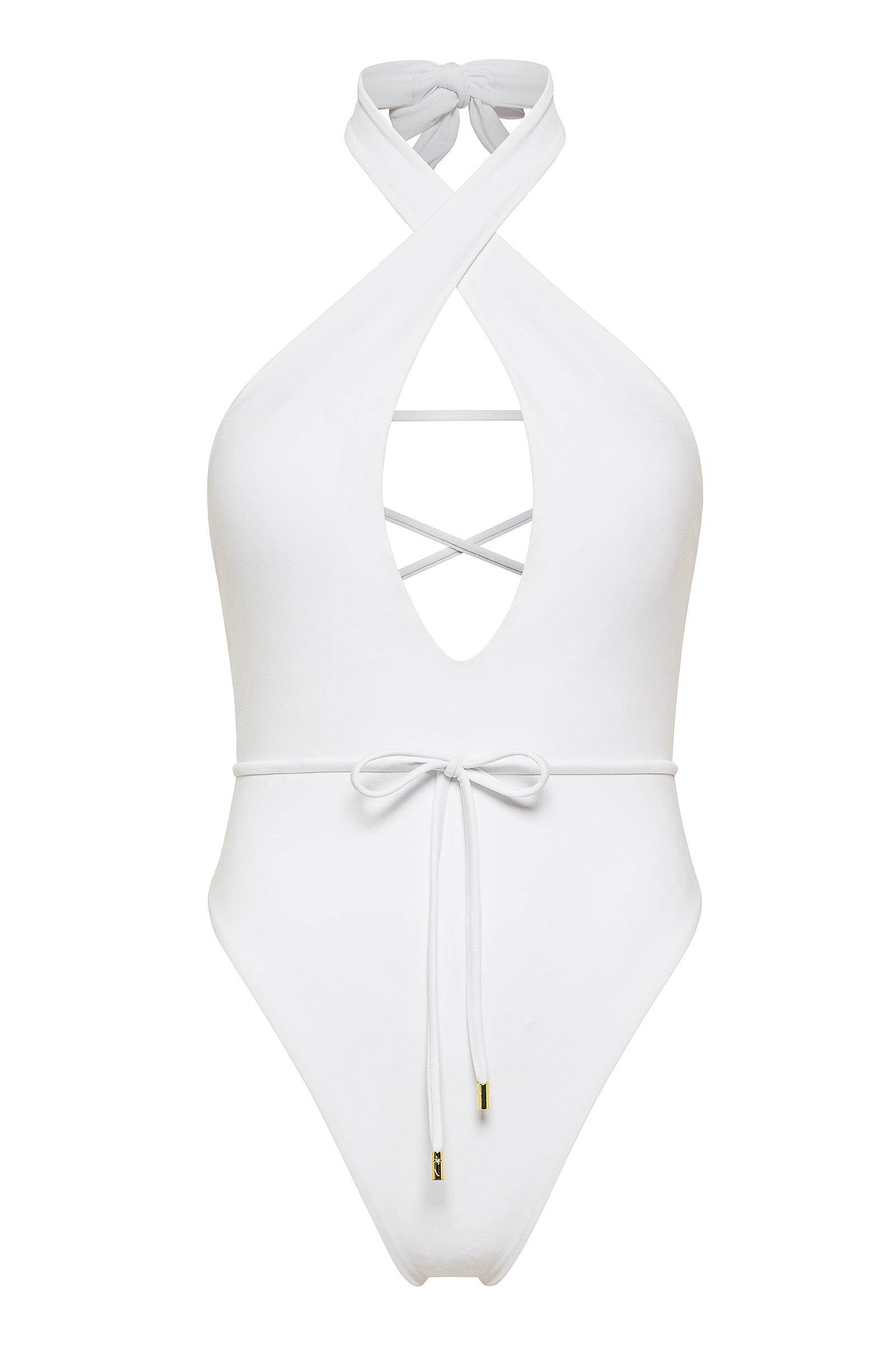 White halter neck Selena onepiece swimsuit by Aventura Swimwear.