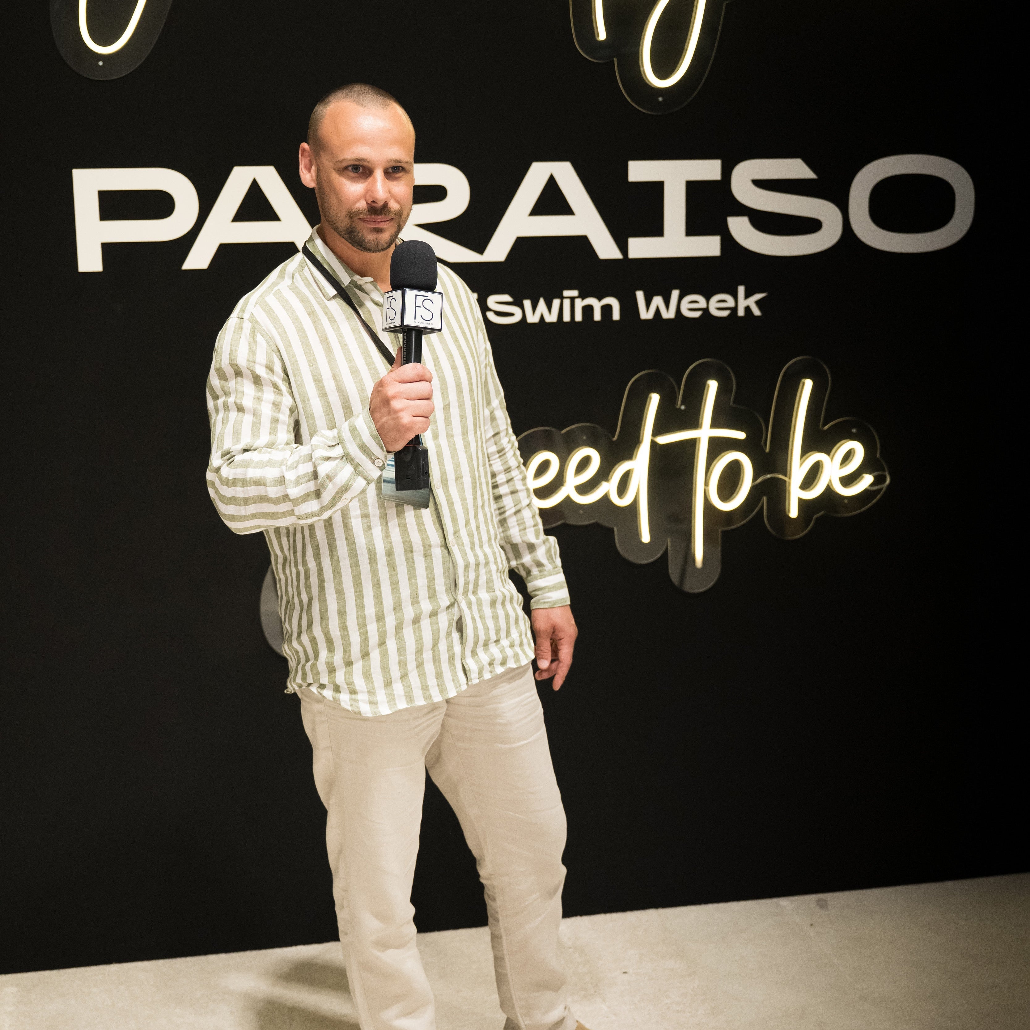 Aventura's founder Erik Leutar giving interview backstage in Paraiso Miami Swim week 2025