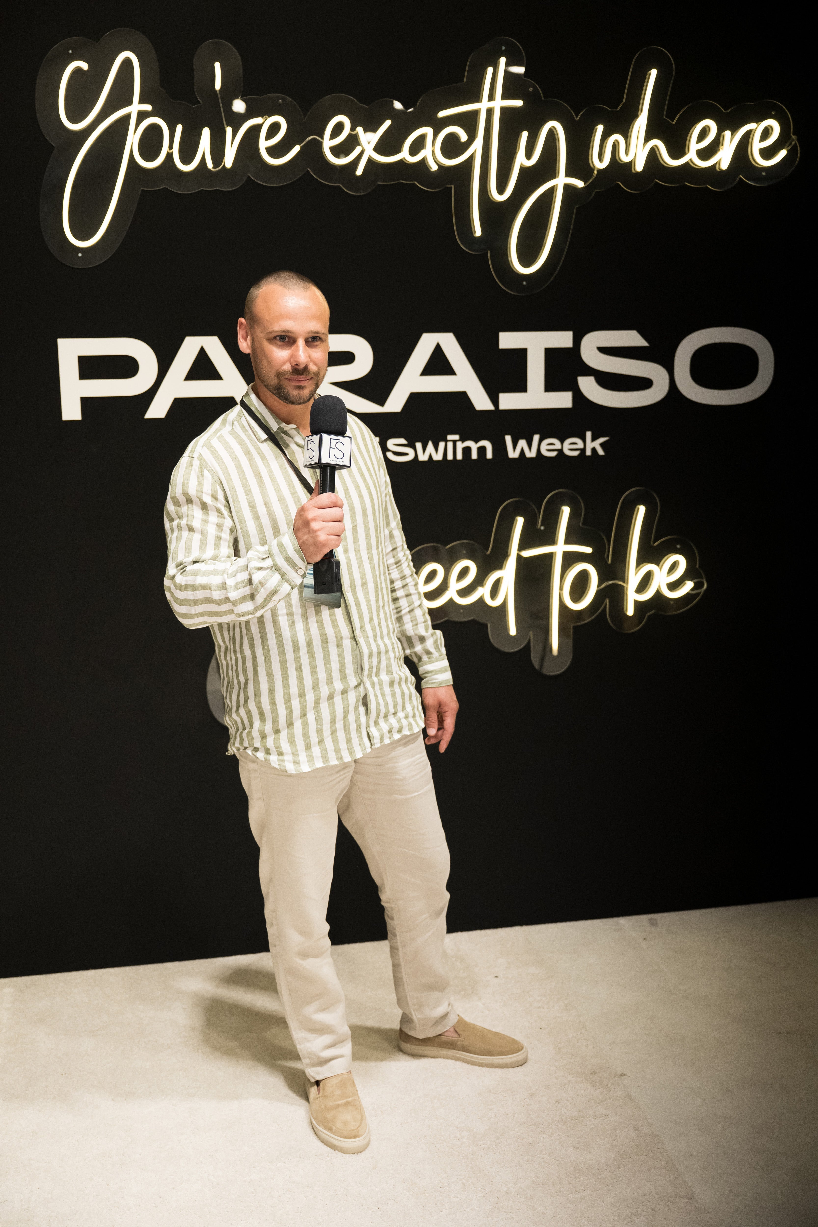 Aventura's founder Erik Leutar giving interview backstage in Paraiso Miami Swim week 2025