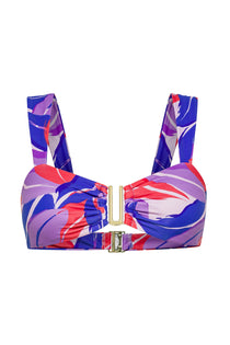 Pink and purple Tropical Dusk print bralette Seraphina bikini bottom by Aventura Swimwear. 