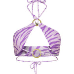 Lilac and purple Sunset Safari print halter neck Nisa bikini top by Aventura Swimwear. 