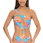 Front view of model wearing Amalfi Bloom print asymmetrical one shoulder Petra onepiece swimsuit by Aventura Swimwear. 