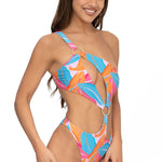 Front view of model wearing Amalfi Bloom print asymmetrical one shoulder Petra onepiece swimsuit by Aventura Swimwear. 