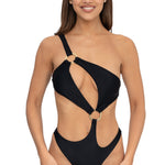 Front view of model wearing midnight black asymmetrical one shoulder Petra onepiece swimsuit by Aventura Swimwear. 
