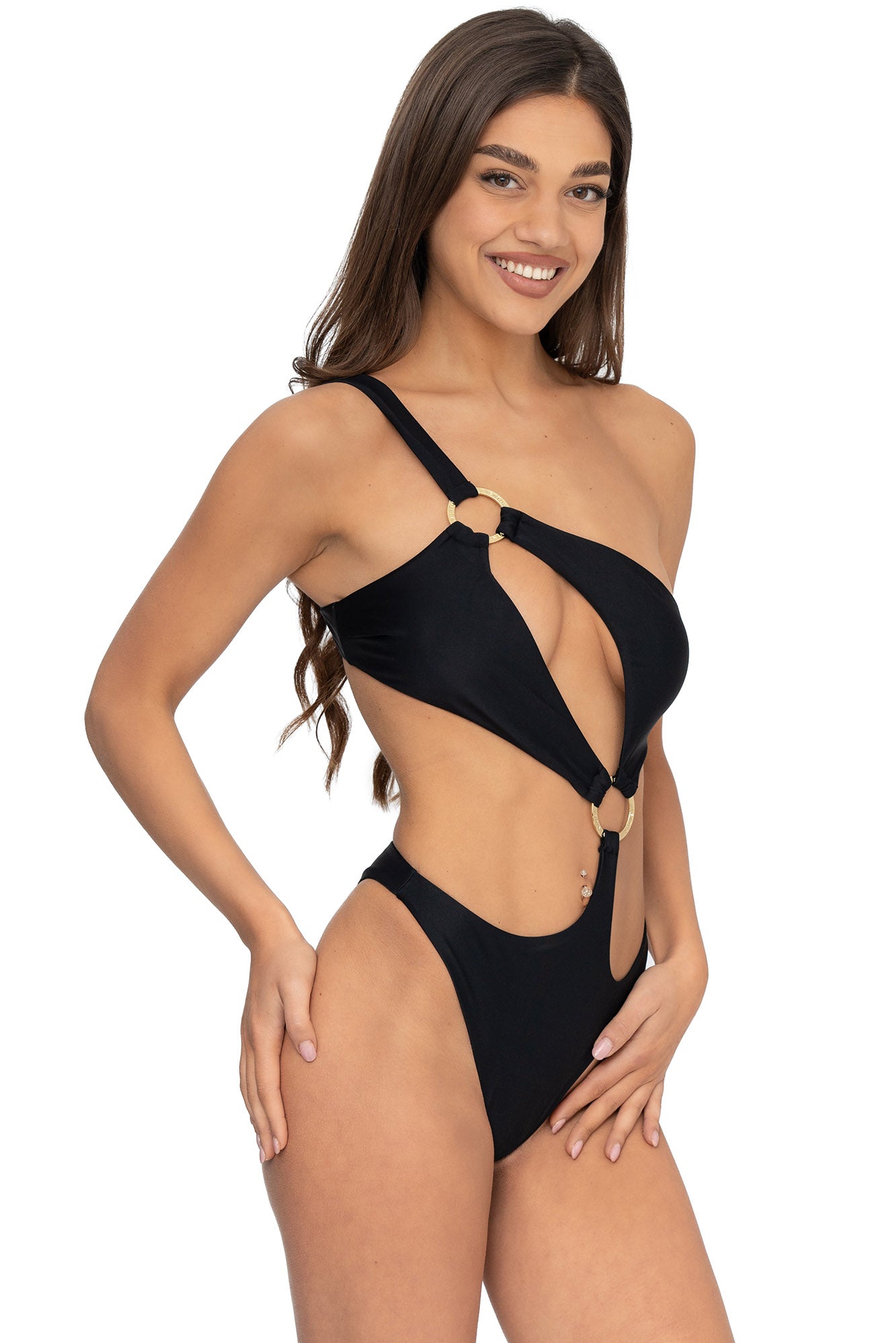 Front view of model wearing midnight black asymmetrical one shoulder Petra onepiece swimsuit by Aventura Swimwear. 