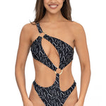Front view of model wearing black signature print asymmetrical one shoulder Petra onepiece swimsuit by Aventura Swimwear. 