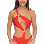 Front view of model wearing scarlet red asymmetrical one shoulder Petra onepiece swimsuit by Aventura Swimwear. 