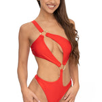 Front view of model wearing scarlet red asymmetrical one shoulder Petra onepiece swimsuit by Aventura Swimwear. 