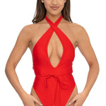 Front view of model wearing red halter neck Selena onepiece swimsuit by Aventura Swimwear. 