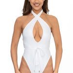 Front view of model wearing white halter neck Selena onepiece swimsuit by Aventura Swimwear. 