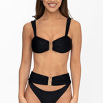 Front view of model wearing obsidian black Seraphina bralette bikini top and matching high waist cheeky cut Seraphina bikini bottom by Aventura Swimwear. 