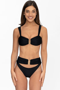 Front view of model wearing obsidian black Seraphina bralette bikini top and matching high waist cheeky cut Seraphina bikini bottom by Aventura Swimwear. 