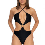 Model wearing black halter neck high leg cut Sophia one piece swimsuit by Aventura Swimwear. 