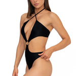 Model wearing black halter neck high leg cut Sophia one piece swimsuit by Aventura Swimwear. 