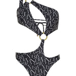 Black signature print asymmetrical one shoulder Petra onepiece swimsuit by Aventura Swimwear. 