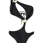 Midnight black asymmetrical one shoulder Petra onepiece swimsuit by Aventura Swimwear. 