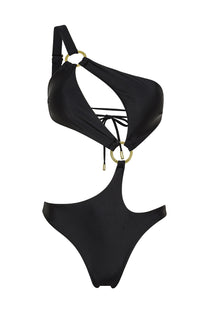 Midnight black asymmetrical one shoulder Petra onepiece swimsuit by Aventura Swimwear. 