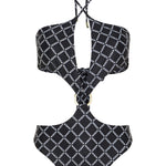 Black monogram print halter neck high leg cut Sophia one piece swimsuit by Aventura Swimwear. 