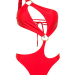 Scarlet red asymmetrical one shoulder Petra onepiece swimsuit by Aventura Swimwear. 