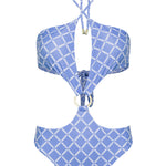 Blue monogram print halter neck high leg cut Sophia one piece swimsuit by Aventura Swimwear. 