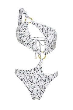 White signature print asymmetrical one shoulder Petra onepiece swimsuit by Aventura Swimwear. 