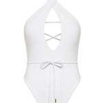 White halter neck Selena onepiece swimsuit by Aventura Swimwear. 