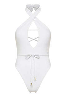 White halter neck Selena onepiece swimsuit by Aventura Swimwear. 