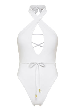 White halter neck Selena onepiece swimsuit by Aventura Swimwear. 